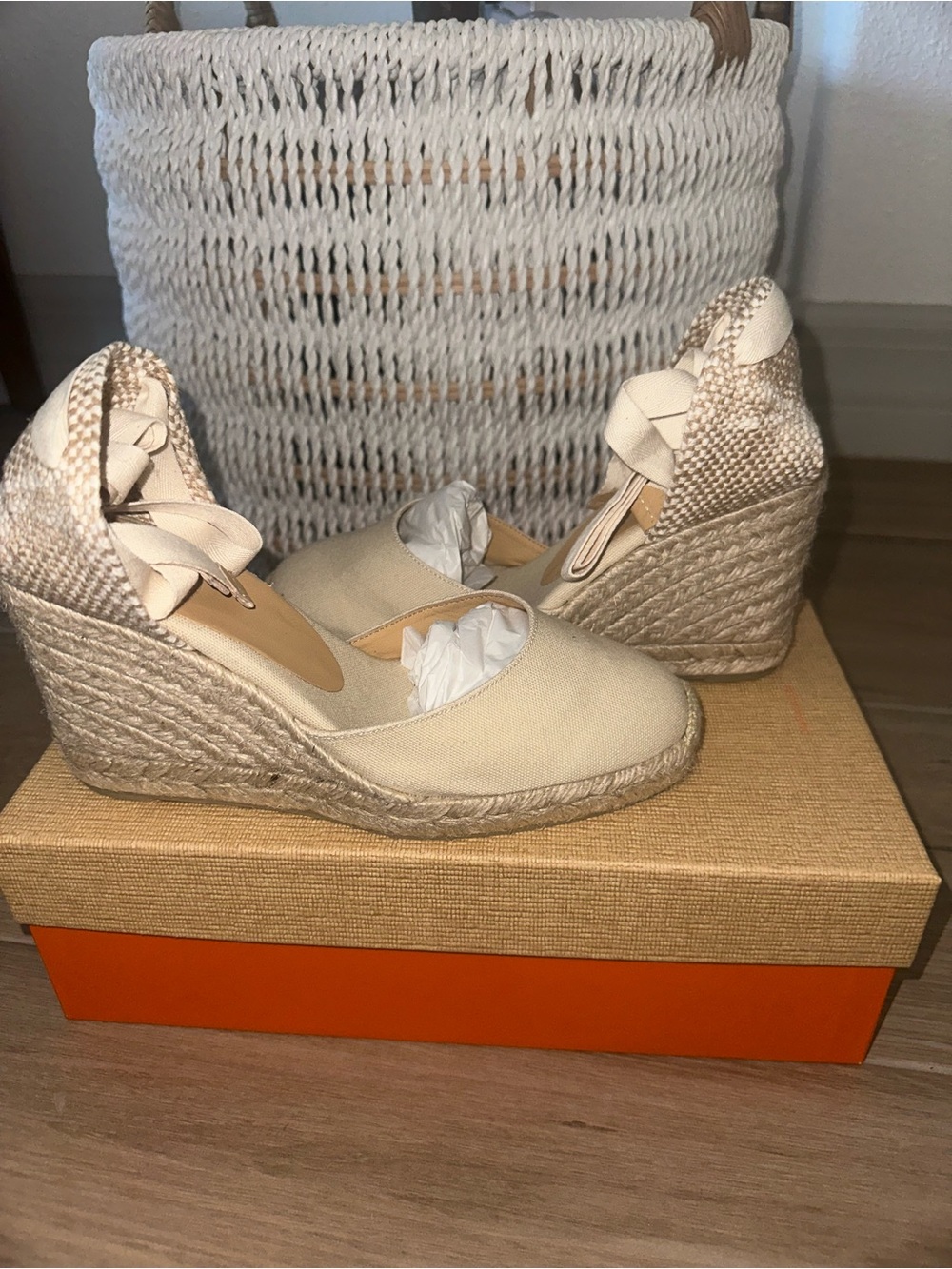 Tuckernuck Cream Espadrille Wedge Tie-Ankle Sandals